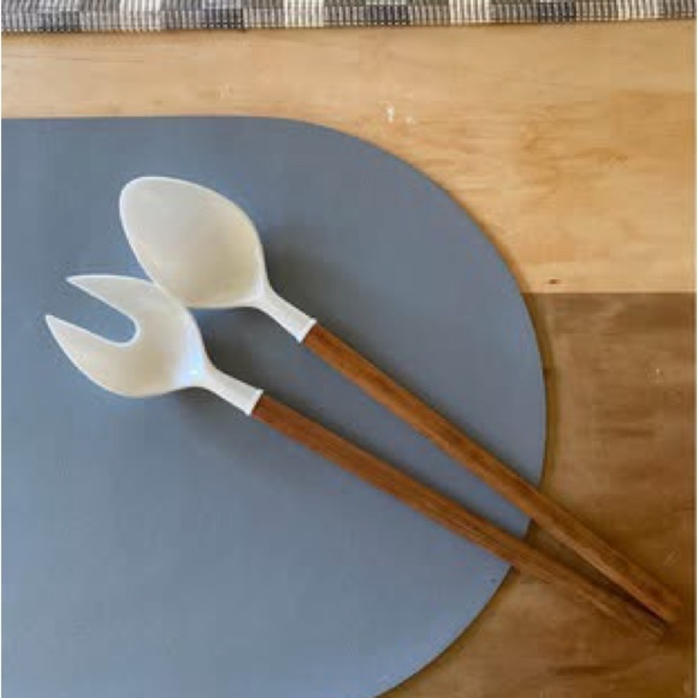 Vintage Scandinavian Teak and White Plastic Salad Tongs